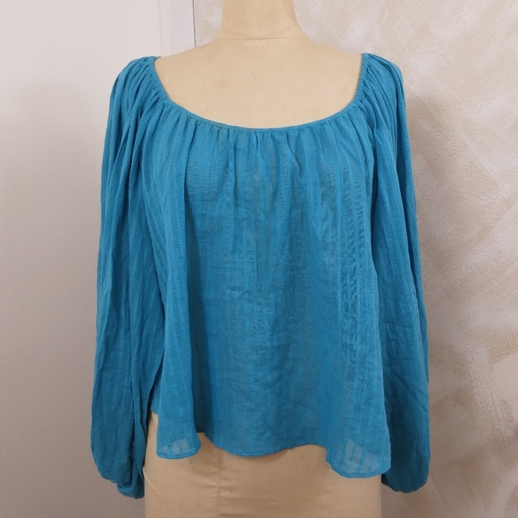 INC International Concepts 100% Cotton Tie Back Peasant Top (S, Aztec Teal) - Picture 1 of 9